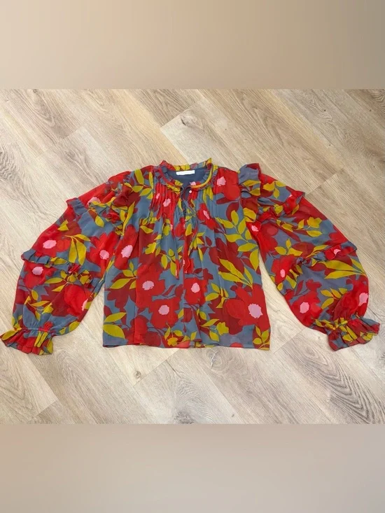 Karlie Evan Blue Ruffle Top with Red and Yellow Floral Print - Picture 7 of 9